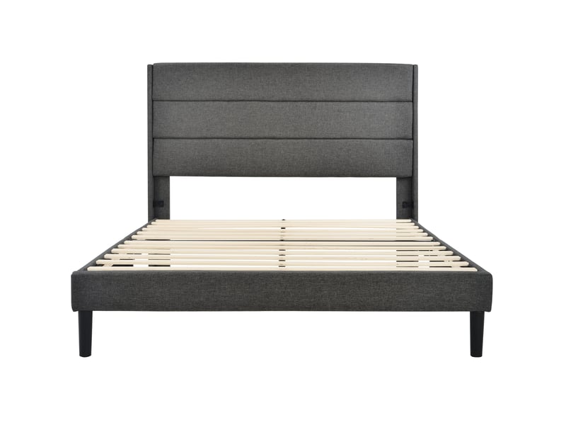  Lit double rembourré 140x200 cm, sommier a lattes et tête de lit, lit enfant rembourré, lit adulte, gris, revêtement textile en lin  - Conforama D