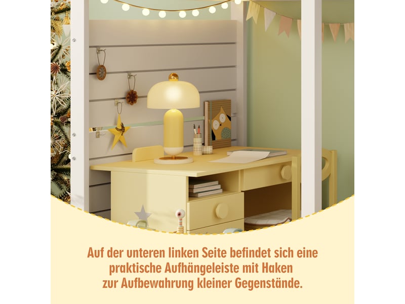  Lit mezzanine cabane 90 × 200 cm, escalier avec rangements, fenêtre ouvrante, étagère et crochets, pin et mdf, blanc  - Conforama E