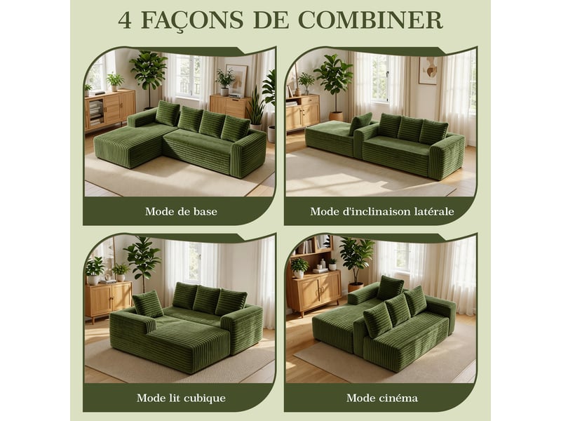 Canapé nuage d'angle modulable 4 places 261x168x58 cm, méridienne droite, assise profonde en mousse et ressorts, velours côtelé vert Radiant Stride - Conforama E