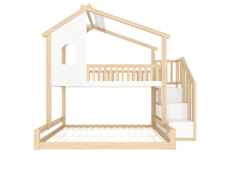  Lit superposé 90x200 cm + 140x200 cm, bois naturel et coloris blanc, échelle de rangement, forme maison, fenêtre, sans matelas  - Conforama E