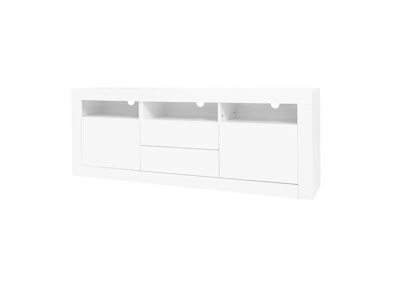  Meuble tv 160 cm blanc brillant avec éclairage led app, 4 rangements push to open, pour tv 70 pouces  - Conforama E