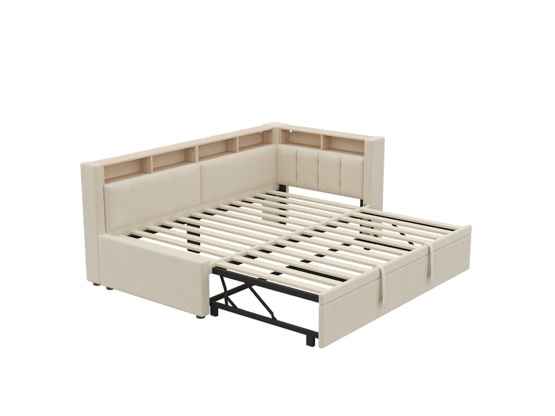  Lit banquette extensible 90 x 200 cm 180 x 200 cm avec lit gigogne, éclairage led et rangement ouvert, canapé-lit multifonction en lin, style minimaliste, beige, sans matelas evarich - Conforama A