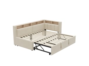 Lit banquette extensible 90 x 200 cm 180 x 200 cm avec lit gigogne, éclairage led et rangement ouvert, canapé-lit multifonction en lin, style minimaliste, beige, sans matelas