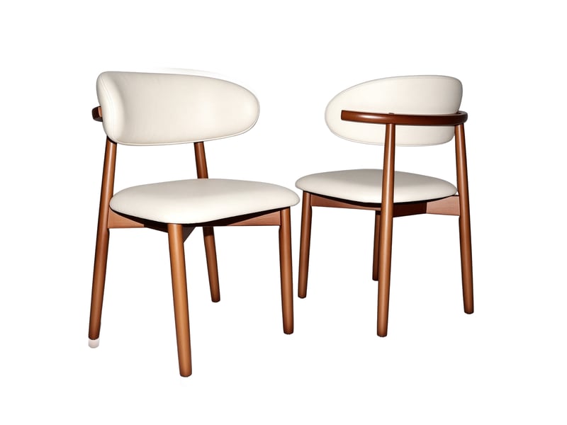  Lot de 2 chaises de salle à manger avec dossier incurvé et assise rembourrée, bois de chêne finition noyer, blanc  - Conforama D