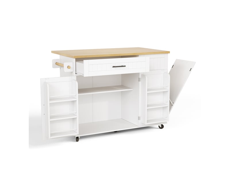  Îlot de cuisine mobile avec plan de travail rabattable, rangement et espace poubelle, îlot central blanc et bois sur roulettes, 130x70x93cm  - Conforama D