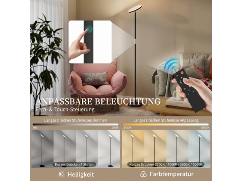  Lampadaire led rgb dimmable, noir, tête orientable à 350°, télécommande et commande tactile  - Conforama C