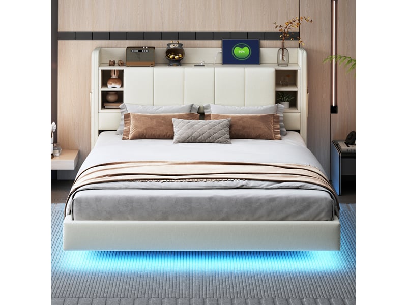 Lit capitonné double 160 x 200 cm avec usb, led et tête de lit réversible, lin, beige, rangements  - Conforama E