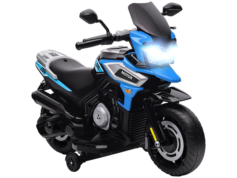  Moto électrique pour enfants avec roues, rétroviseurs et repose-pieds, en polypropylène et métal, 85,5 x 44,5 x 56 cm, bleue  - Conforama A