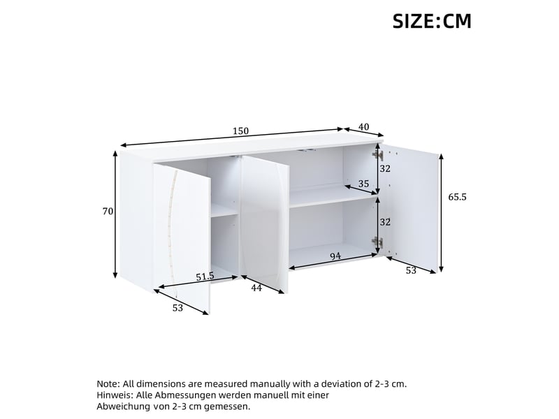 Buffet avec led, 3 portes et étagères réglables, meuble tv pour salon en panneaux de particules blanc, 150x40x70 cm - Conforama C