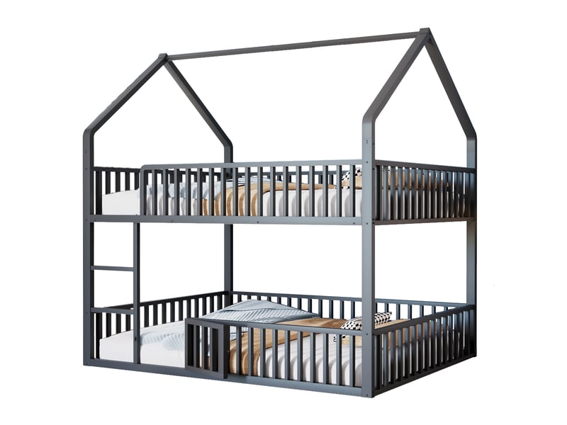  Lit superposé cabane enfant 140 x 200 cm avec escalier, petite porte et barrières de sécurité, structure en métal, noir, design gain de place  - Conforama A