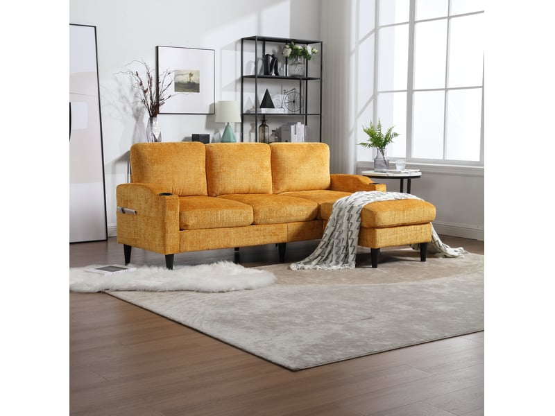  Canapé 3 places 196,5x75x77 cm, avec pouf de rangement, revêtement chenille jaune  - Conforama D