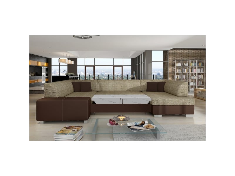 Canapé panoramique en u beige et chocolat convertible 6 places havane assise mousse t30 - Conforama D