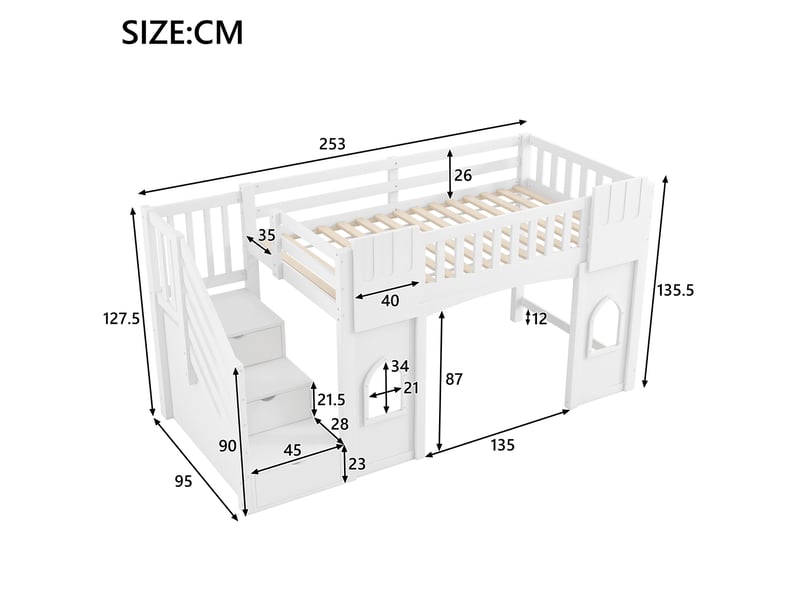  Lit mezzanine, 90x200 cm, pour chambre, avec escalier aménagé, fenêtres, matelas non inclus, mdf et bois, coloris blanc  - Conforama C