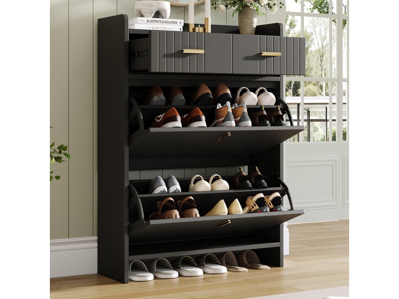 Meuble à chaussures - 75x24x108,5cm - meuble d'entrée étroit avec 2 tiroirs, 2 abattants, niche ouverte - noir et doré - Conforama D
