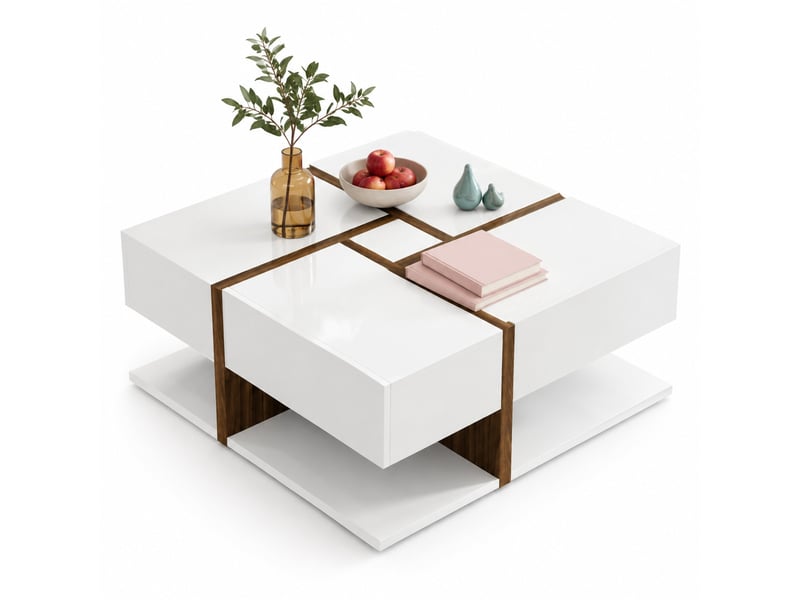  Table basse carrée avec 4 tiroirs et tablette inférieure, finition brillante blanche et ton bois, 78 × 78 × 34,8 cm  - Conforama A