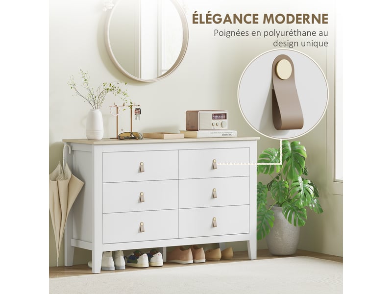  Commode 6 tiroirs meuble de rangement style contemporain avec poignées en polyuréthane, blanc, 120 x 40 x 78 cm  - Conforama E