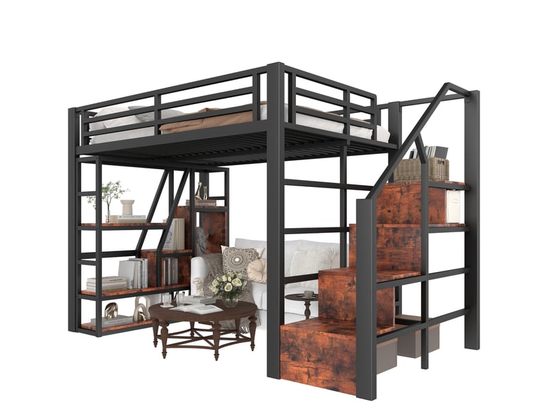  Lit mezzanine enfant 140x200 cm avec led, rangements et escalier noir  - Conforama A