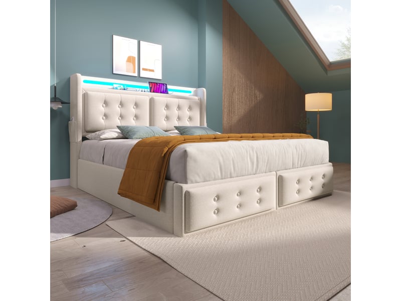  Lit coffre rembourré 160x200 cm avec ouverture hydraulique, led, 2 prises, usb et usb-c, tête de lit avec étagère, sommier à lattes, coton-lin beige Radiant Stride - Conforama D