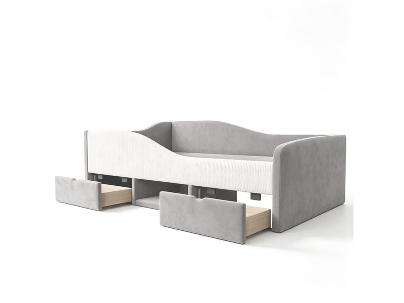  Lit simple 90x190 cm, lit enfant, 2 tiroirs, velours gris, barrière antichute  - Conforama R