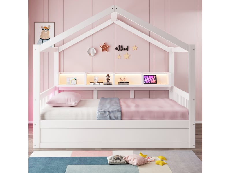  Lit coffre 140x200 cm avec rangement hydraulique, toit, éclairage led et prises, bois et mdf, blanc, sans matelas  - Conforama D