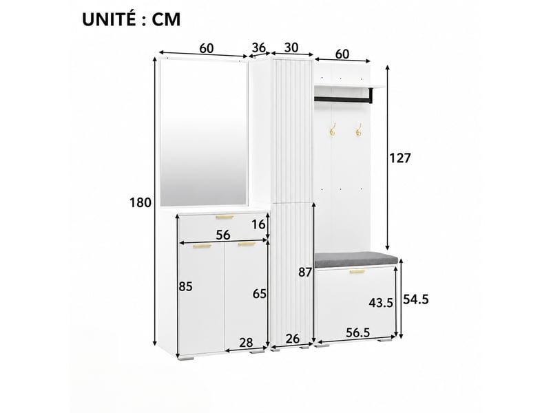 Vestiaire d’entrée avec miroir et banc, 3 portes, blanc, 150 x 36 x 180 cm  - Conforama C