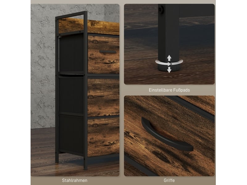  Commode 60x29x85 cm marron rustique et noir, 4 tiroirs en tissu, style industriel, rangement compact  - Conforama E