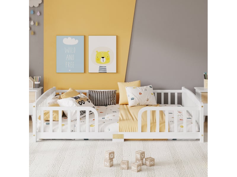  Lit au sol enfant modenvie 140 x 200 cm avec barrières de sécurité ouverture centrale pin et contreplaqué blanc  - Conforama D