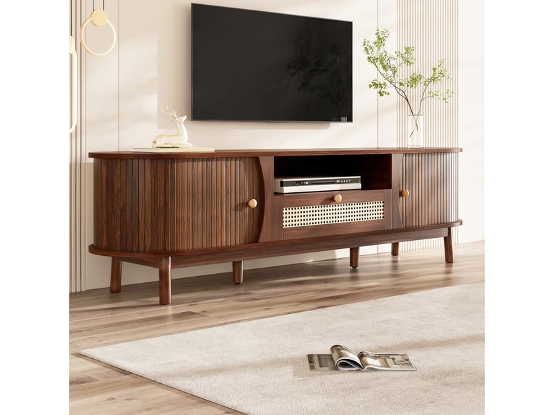  Meuble tv avec portes et tiroirs. Meuble tele en rotin, façade basse, portes en bois massif, solution de rangement de style cottage  - Conforama E