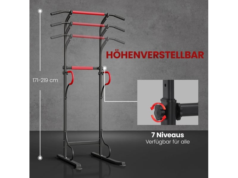  Tour de musculation réglable 98 x 84 x 171-219 cm noire et rouge, cadre en acier, barre de traction et dips  - Conforama D