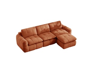 Canapé d'angle modulable 3 places en tissu chenille, forme l avec pouf, orange