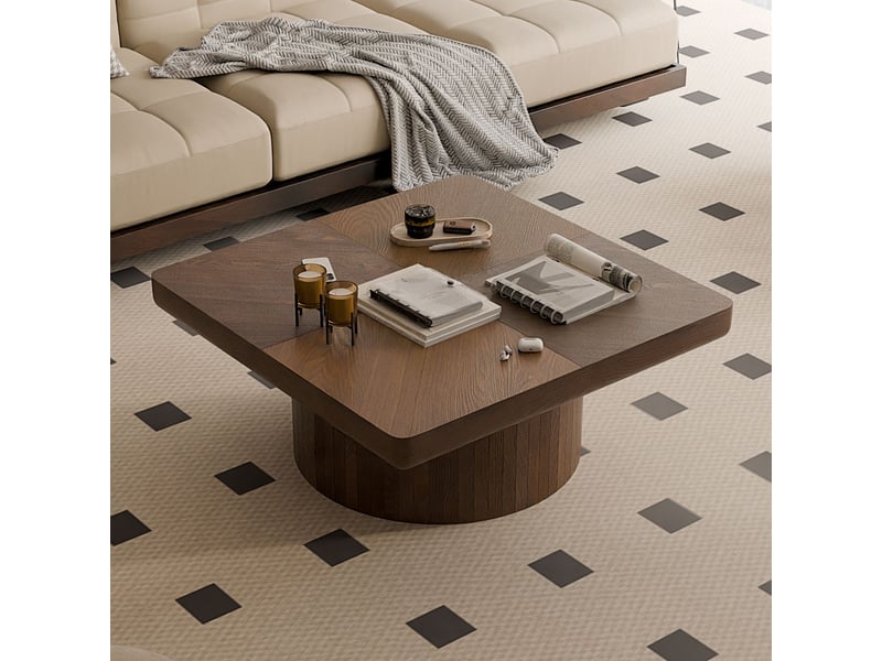  Table basse table de salon aspect bois plateau plaqué bois motif parquet base cylindrique coloris noyer  - Conforama B