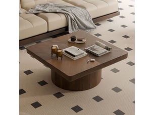 Table basse table de salon aspect bois plateau plaqué bois motif parquet base cylindrique coloris noyer