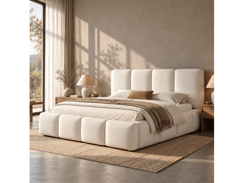 Lit coffre 180x200 cm en bouclé avec sommier blanc chicfurn - Conforama C