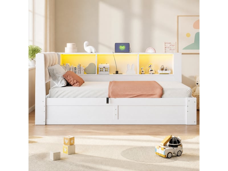  Daybed 90x200 cm - lit à tiroir avec rangement hydraulique, étagère et lampe led, sans matelas, blanc  - Conforama D