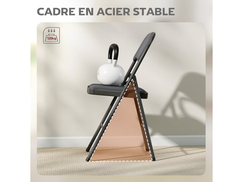  Lot de 4 chaises pliantes et portables intérieur avec assises et dossiers rembourrés en velours, gris foncé, cadre en acier  - Conforama W