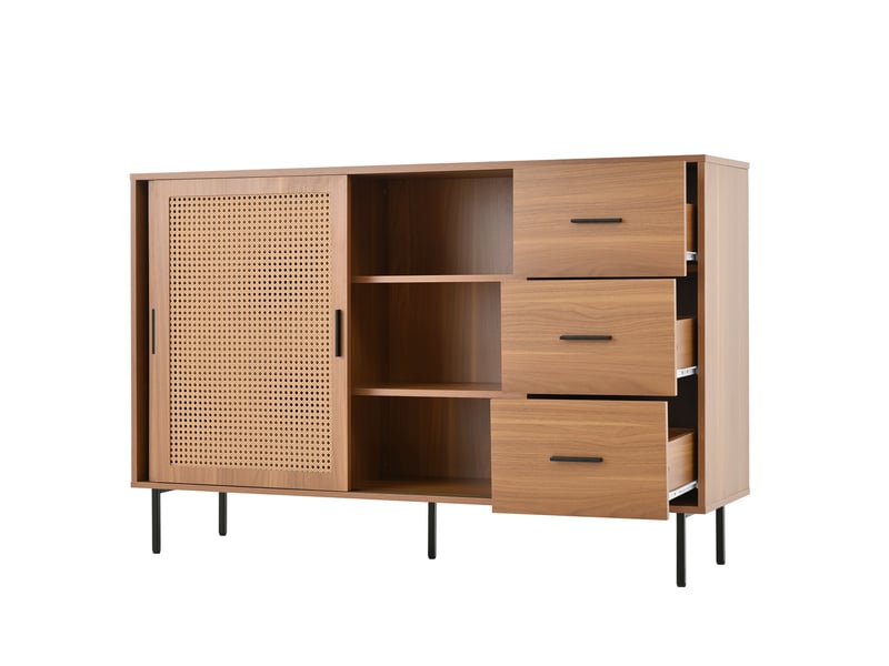  Buffet 140x37x91 cm avec 2 portes rotin 3 tiroirs tablettes réglables structure solide panneau de particules naturel  - Conforama E