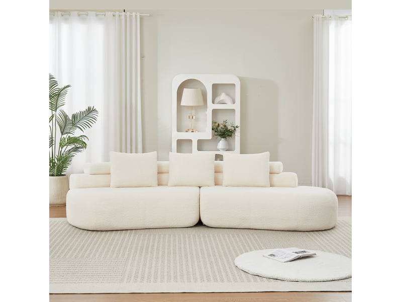  Canapé modulaire 3 places modulable en ligne ou en croissant avec 3 coussins de dossier en chenille beige  - Conforama D