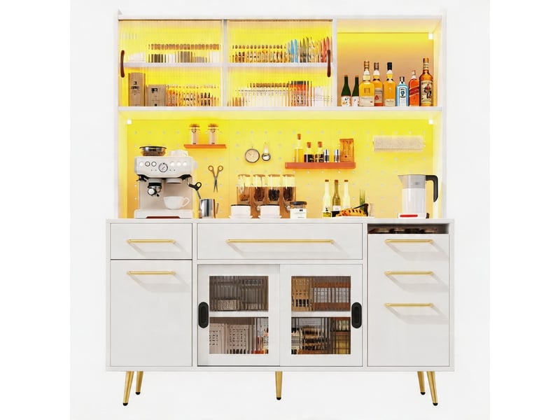  Buffet moderne led armoire haute cuisine salon rangement panneau perforé tiroir porte vitrée blanc  - Conforama A