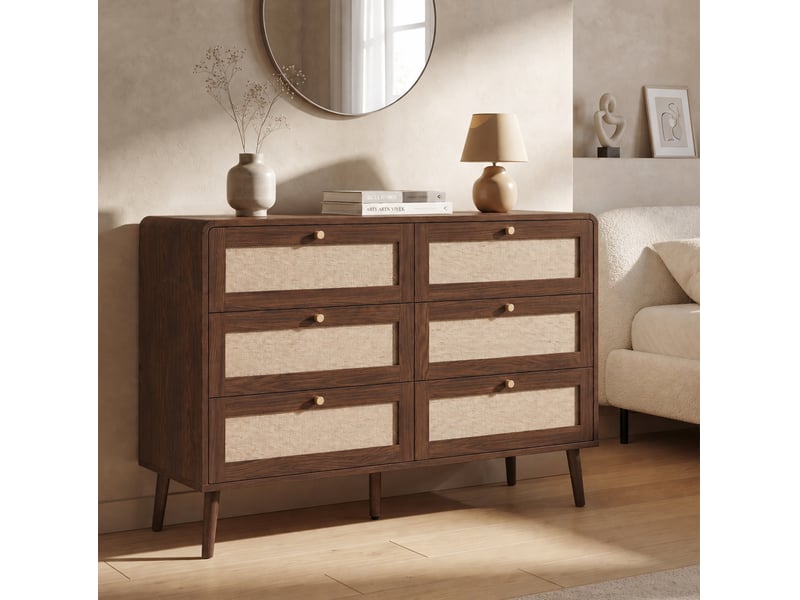  Commode avec 6 tiroirs en mdf et pe imitation rotin, finition noyer, pour chambre, 120 × 40 × 80 cm  - Conforama B