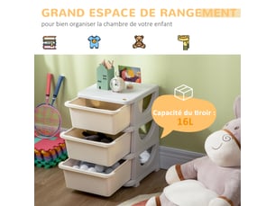 Organisateur de jouets pour enfants avec tiroirs à 3 niveaux, boîtes de rangement en plastique, crème, 37 x 37 x 56,5 cm