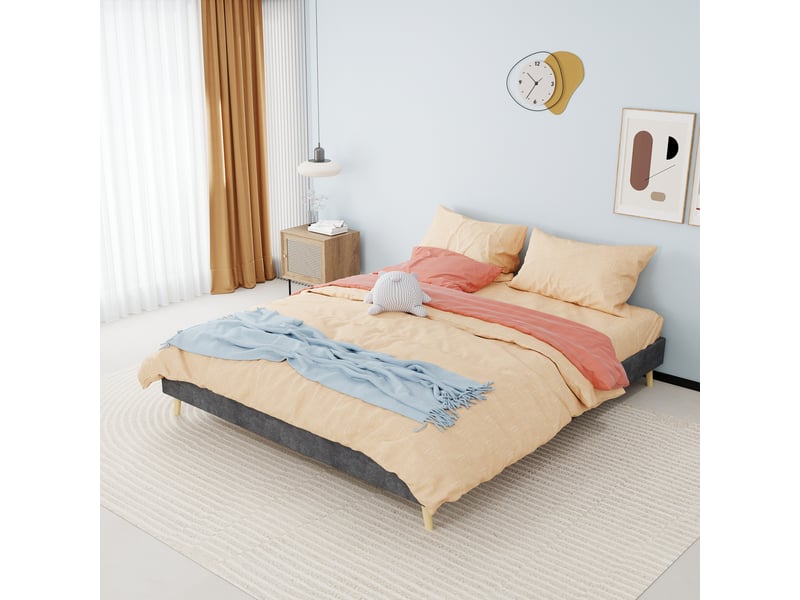  Cadre de lit, lit double 160x200 cm, cadre bas, velours gris, sans matelas  - Conforama A