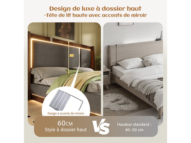  Lit coffre hydraulique 140x200 cm,led applitélécommande,tête rembourrée en lin gris,sommier à lattes,effet noyer noir,sans matelas  - Conforama C