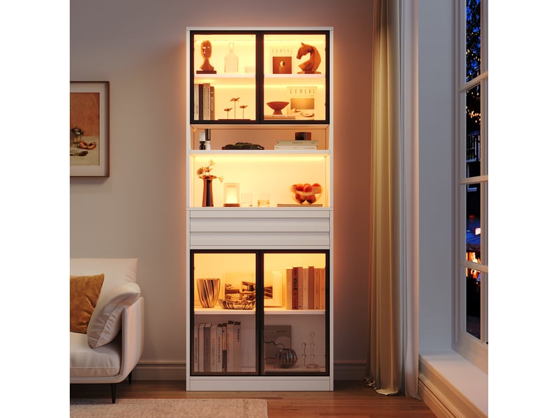 Vitrine blanche mdf 80x35x200 cm, meuble à 4 portes vitreées et 1 tiroir, rangement collection - Conforama B