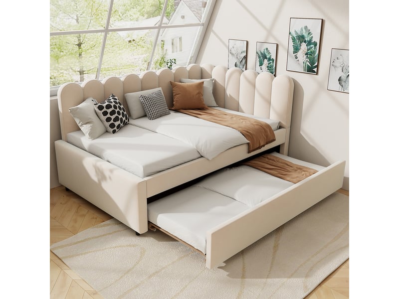  Lit banquette gigogne 140 x 200 cm, couchage gigogne, dossier en pétales, dossier en l, sommier à lattes, pour la chambre, velours, beige ABC - Conforama B