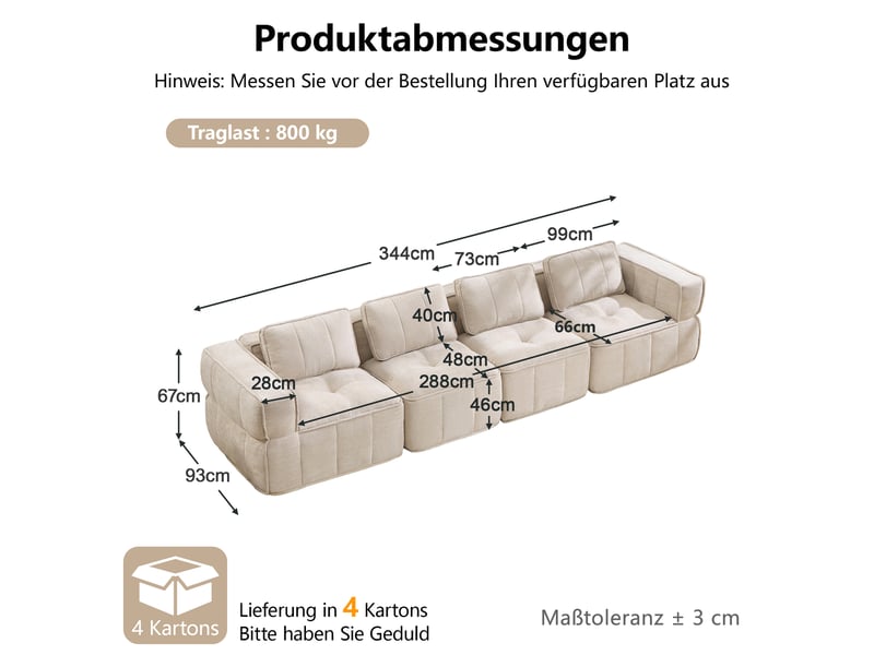  Canapé droit modulable 4 places en polyester beige, 344 cm  - Conforama C