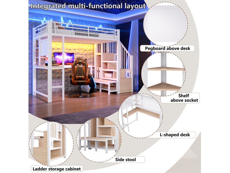 Lit mezzanine 90 × 200 cm 1 place avec bureau, led, usb et rangement, sans matelas, métal et mdf, blanc - Conforama E