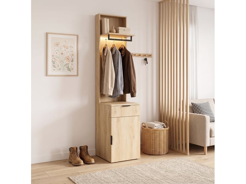  Garde-robe d'entrée 45x47x200 cm avec éclairage led et tiroir à bijoux, mdf, bois clair, rangement entrée et dressing  - Conforama D