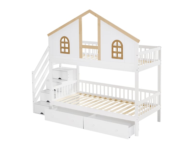  Lit superposé 90x200 cm avec sommier à lattes, escalier rangement et tiroirs  - Conforama D