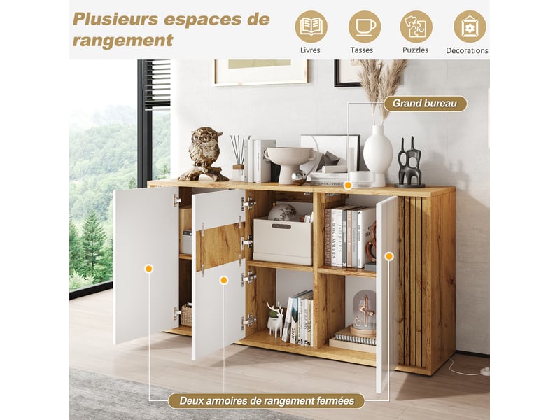 Buffet bas 140x35x71 cm, 3 portes, mdf laqué blanc et bois naturel, design simple, meuble de rangement salon et cuisine - Conforama E