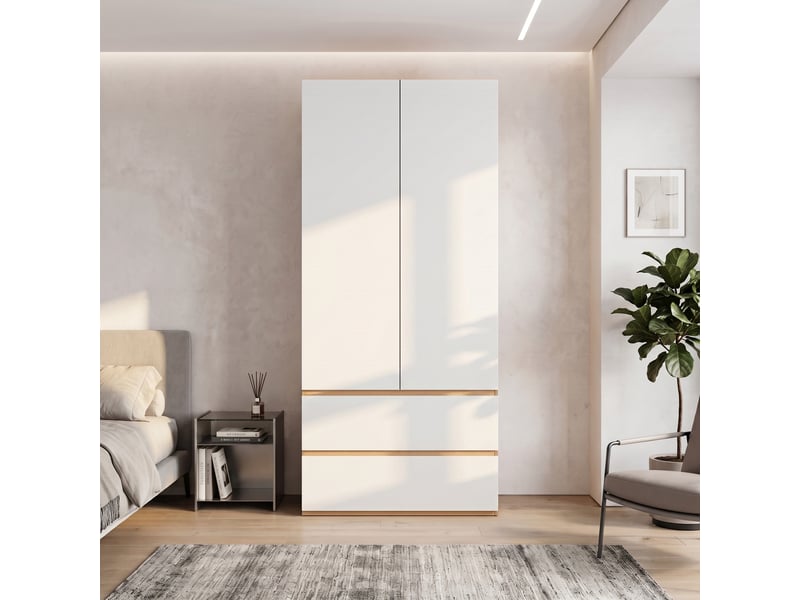  Armoire haute 90 x 50 x 200 cm, rangement supérieur, 2 portes, 1 tringle à vêtements, 2 tiroirs, chêneblanc Bliss Lite - Conforama B